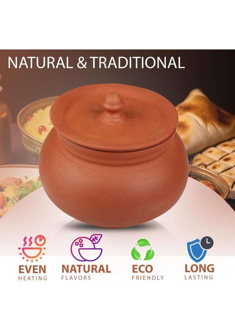 Bhanvi Handmade Clay Mathni Handi with Lid for Dal | 500 ml | 16.9 fl oz - Indya