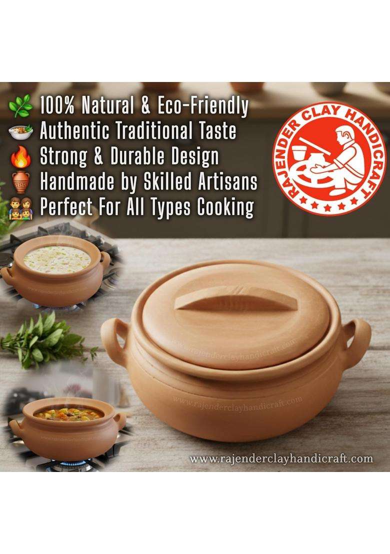 RAJENDER CLAY HANDICRAFT Premium Handmade Mitti Kadhai Wok with Flat Lid | 3 L | 3.2 Qt - Indya