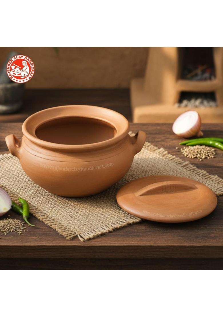 RAJENDER CLAY HANDICRAFT Premium Handmade Mitti Kadhai Wok with Flat Lid | 3 L | 3.2 Qt - Indya