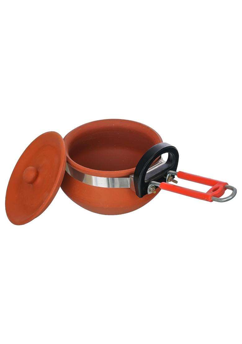B S NATURAL Handcrafted Clay Cooking Pot with Lid and Long Handle - Indya