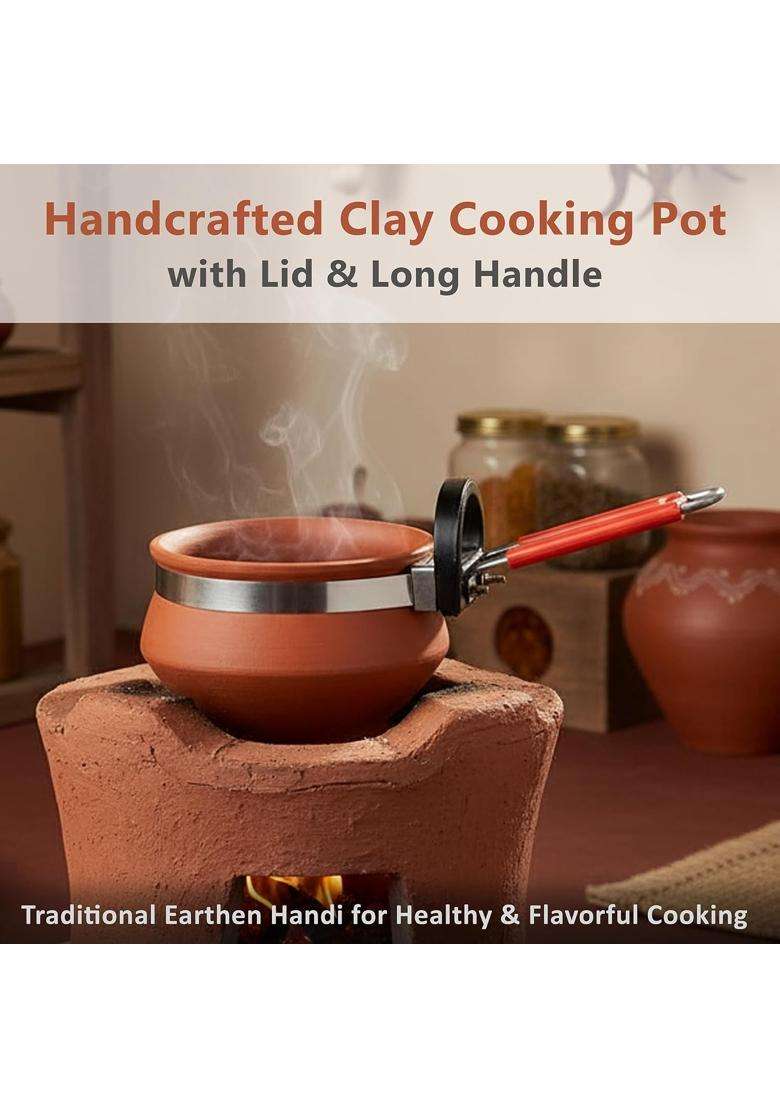 B S NATURAL Handcrafted Clay Cooking Pot with Lid and Long Handle - Indya