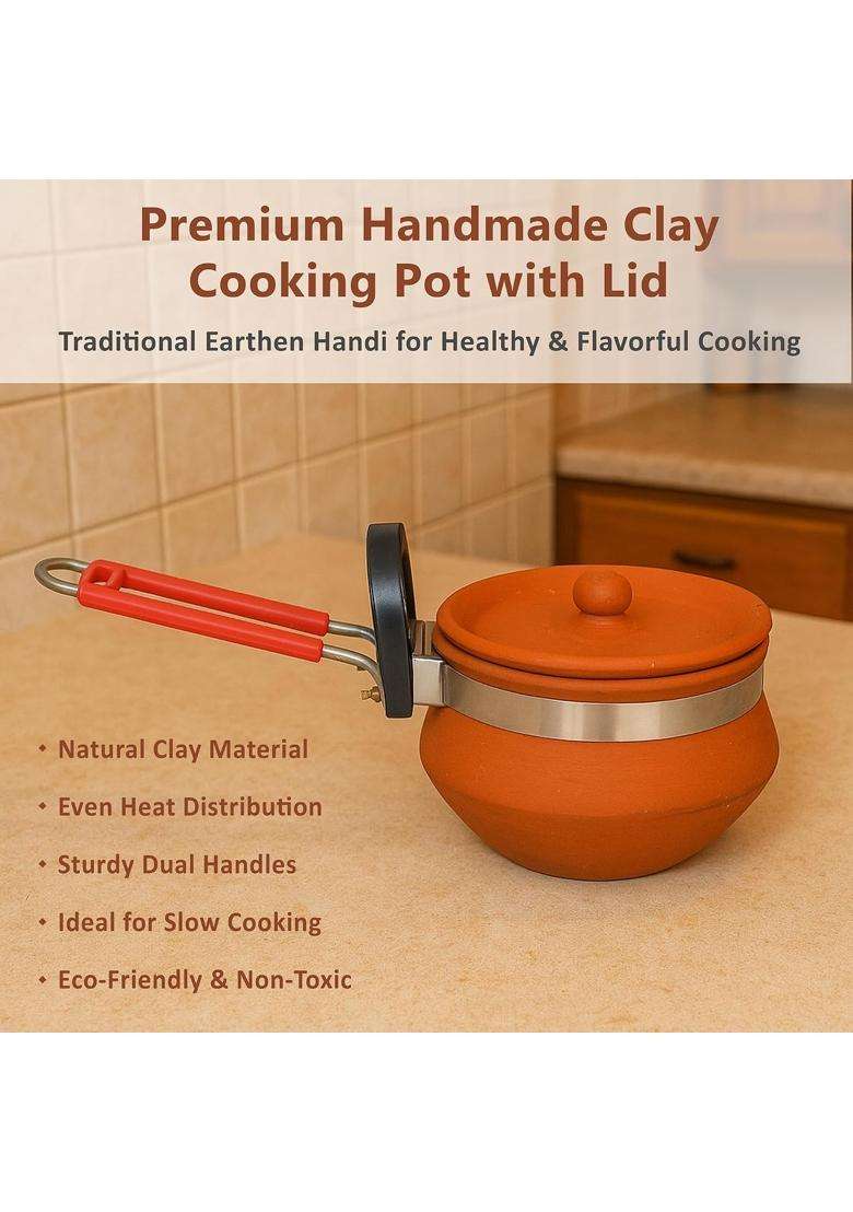 B S NATURAL Handcrafted Clay Cooking Pot with Lid and Long Handle - Indya