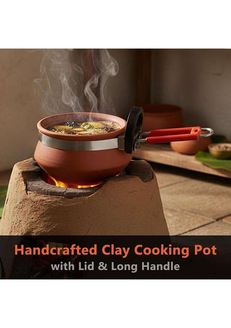 B S NATURAL Handcrafted Clay Cooking Pot with Lid and Long Handle - Indya