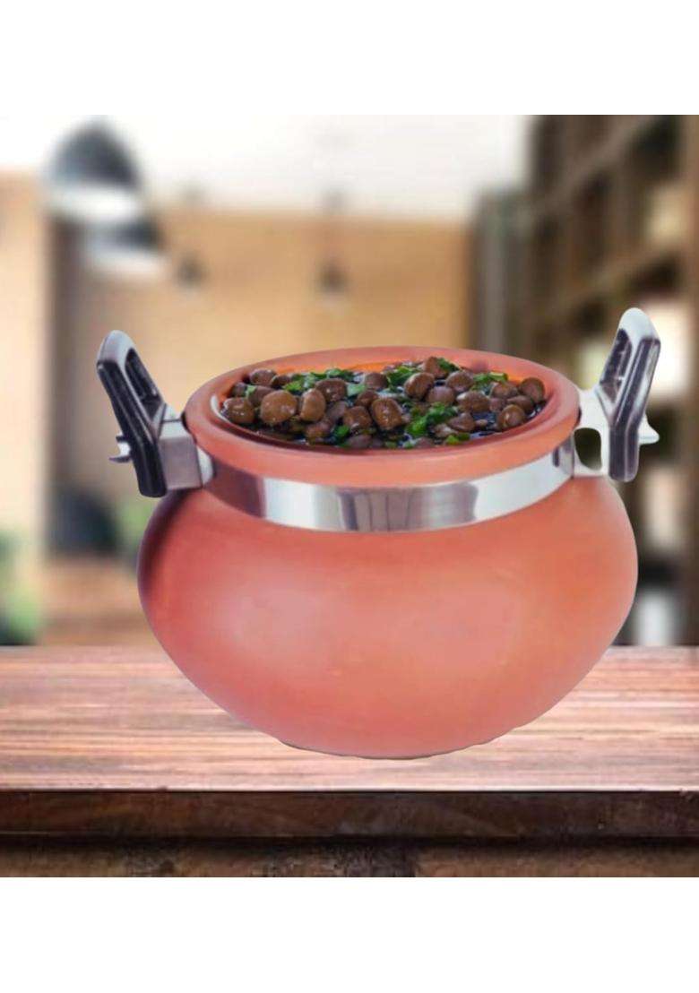Terra Charms Terracotta Organic Clay Pot Cooking and Serving for Chole Handi for Cooking | 1.5 L | 1.6 Qt | With Lid - Indya