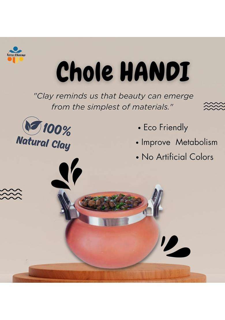 Terra Charms Terracotta Organic Clay Pot Cooking and Serving for Chole Handi for Cooking | 1.5 L | 1.6 Qt | With Lid - Indya