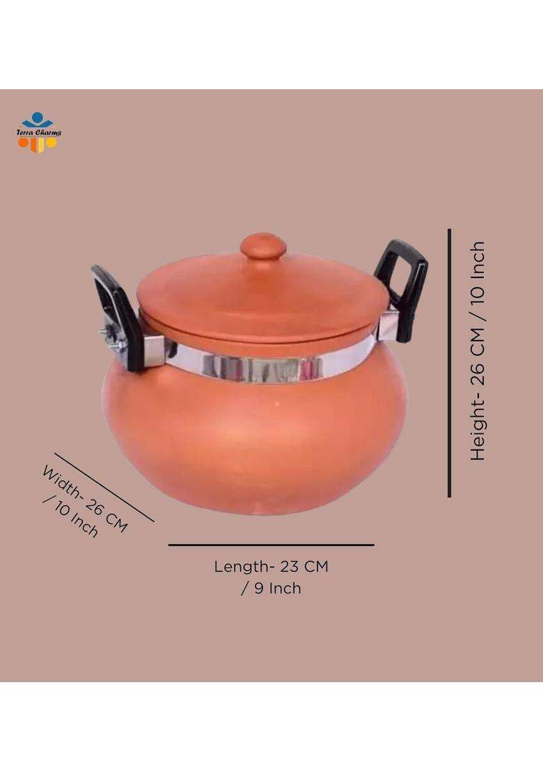 Terra Charms Terracotta Organic Clay Pot Cooking and Serving for Chole Handi for Cooking | 1.5 L | 1.6 Qt | With Lid - Indya