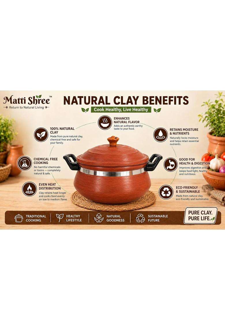 Matti Shree Unglazed Clay Handi for Cooking with Lid | 2 L | 2.1 Qt - Indya