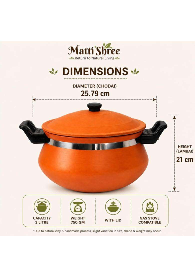 Matti Shree Earthen Clay Cooking Pot with Lid- Red | 2 L | 2.1 Qt - Indya