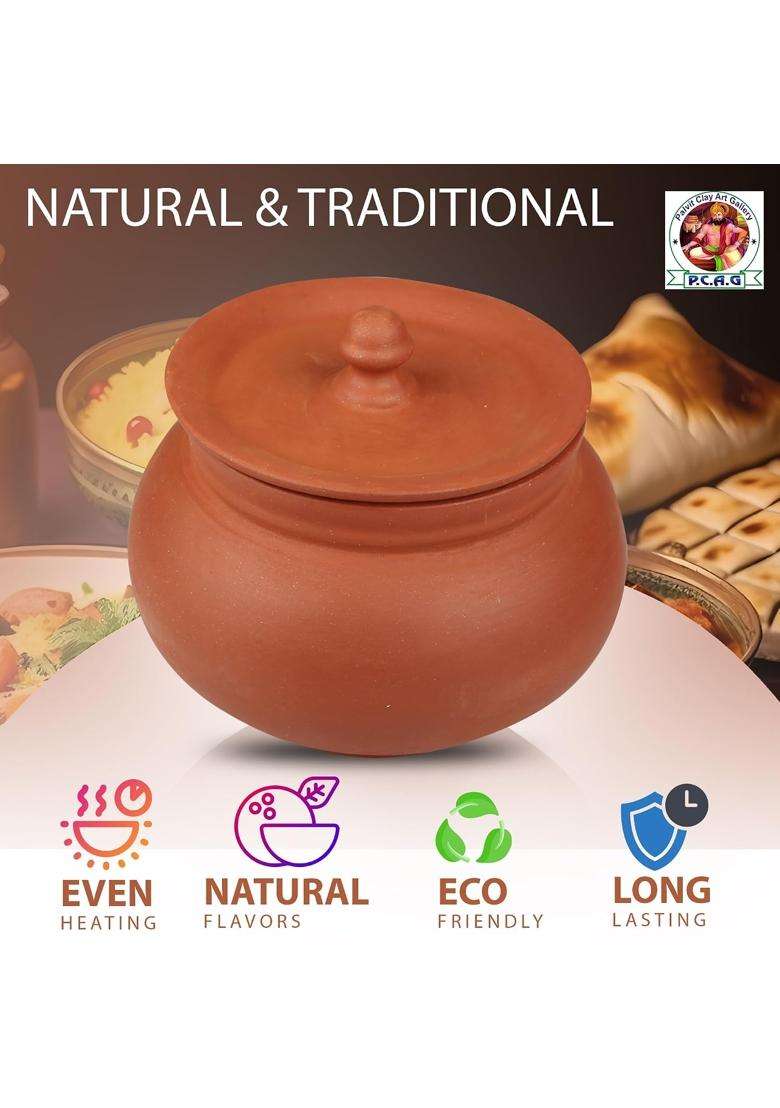PALVIT CLAY ART GALLERY P.C..G Eco-Friendly Handmade Handi Cooking Pot with Lid | 1000 ml | 33.8 fl oz - Indya