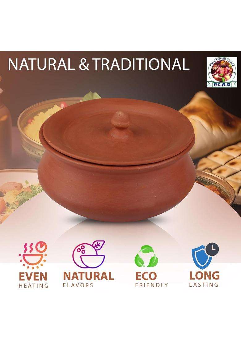 PALVIT CLAY ART GALLERY Earthen Clay Handi Cooking Pot with Lid | 1000 ml | 33.8 fl oz - Indya