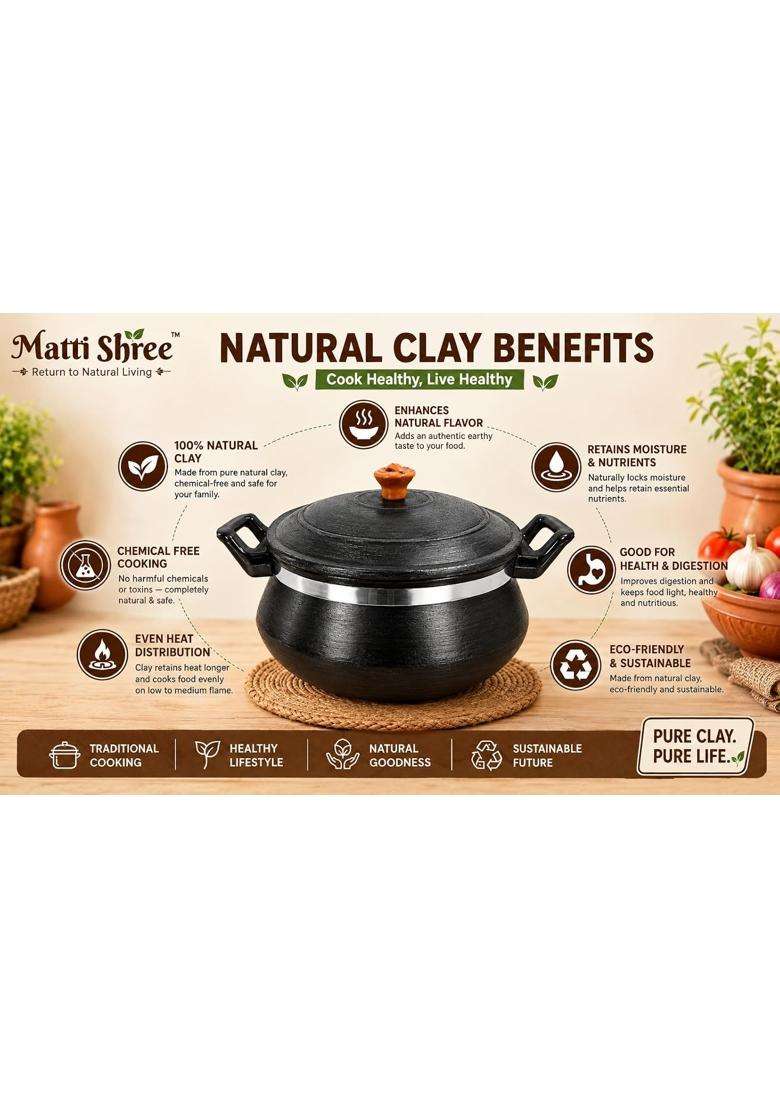 Matti Shree Unglazed Clay Handi for Cooking with Lid | 2 L | 2.1 Qt - Indya
