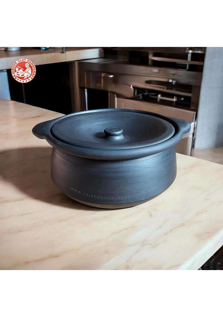 RAJENDER CLAY HANDICRAFT Traditional Black Kabutari Cooking Pot | 2 L | 2.1 Qt - Indya