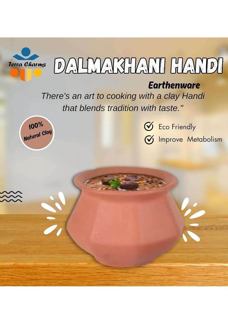 Terra Charms Clay Pot for Making Cooking and Serving Dal Makhani Tadka Clay Handi for Kitchen | 1800 ml | 60.9 fl oz - Indya