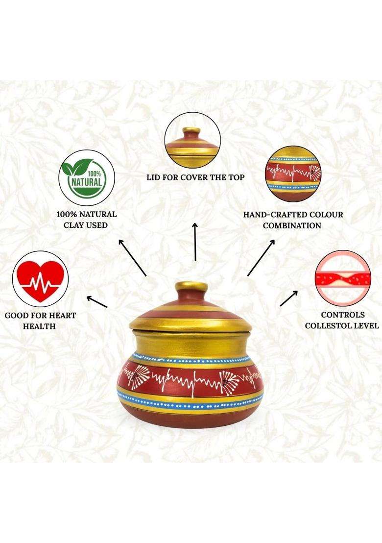 Terra Charms Hand-Painted Red Clay Daal Handi with Lid | 2.5 L | 2.6 Qt - Indya