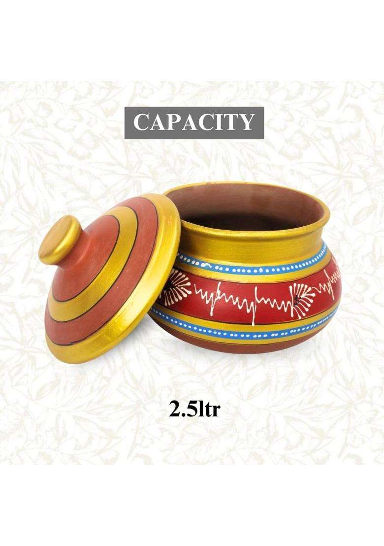 Terra Charms Hand-Painted Red Clay Daal Handi with Lid | 2.5 L | 2.6 Qt - Indya