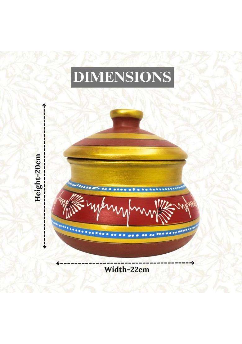 Terra Charms Hand-Painted Red Clay Daal Handi with Lid | 2.5 L | 2.6 Qt - Indya