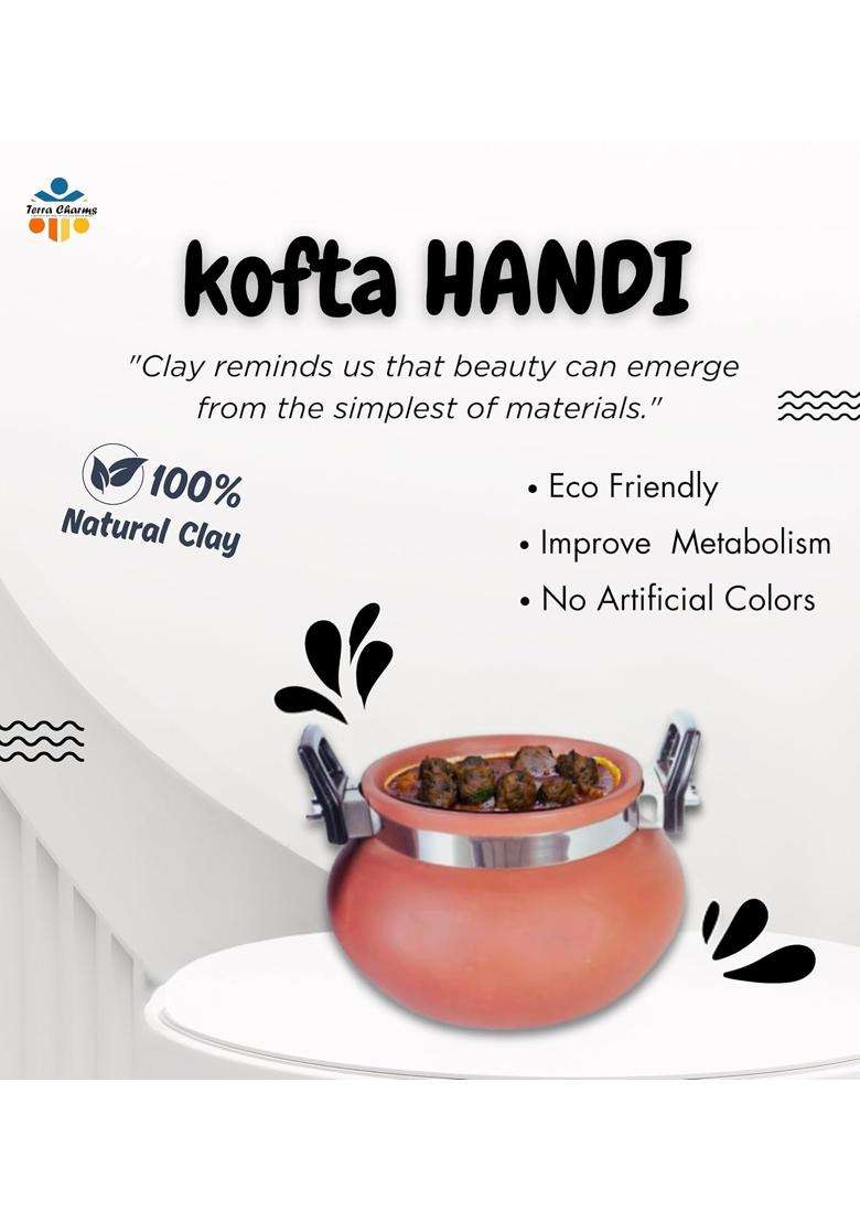 Terra Charms Terracotta Organic Clay Pot Cooking and Serving for Kofta Handi for Cooking | 1.5 L | 1.6 Qt | With Lid - Indya