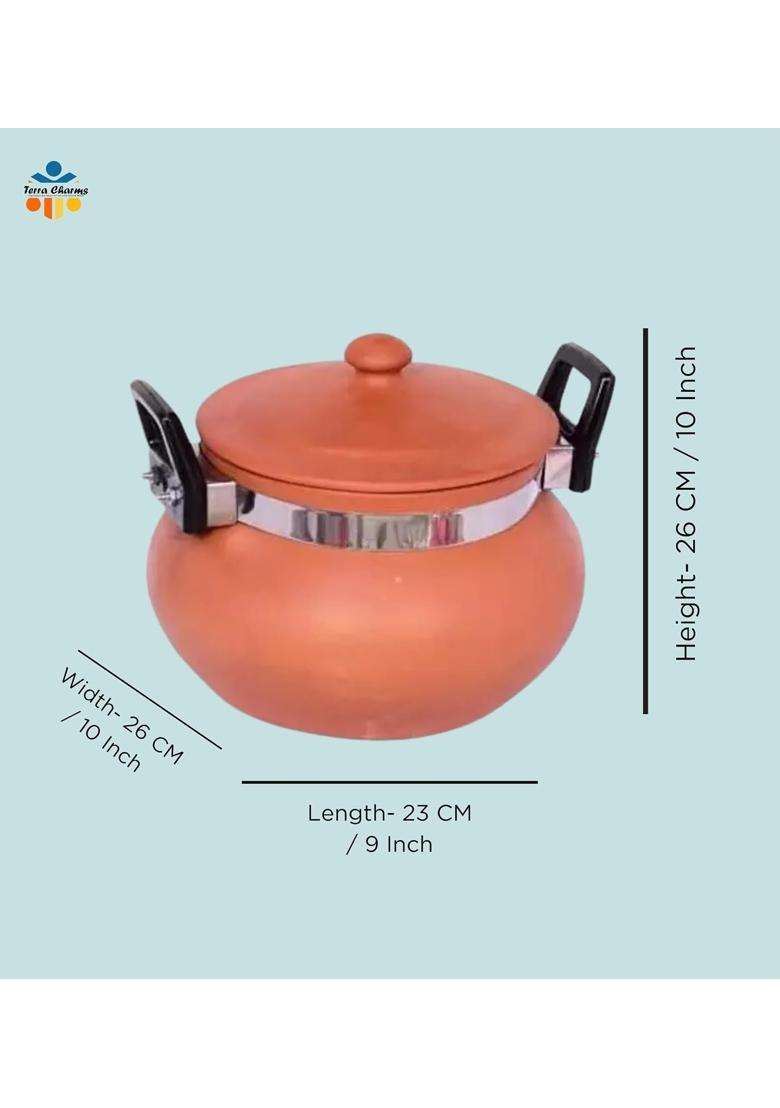 Terra Charms Terracotta Organic Clay Pot Cooking and Serving for Kofta Handi for Cooking | 1.5 L | 1.6 Qt | With Lid - Indya