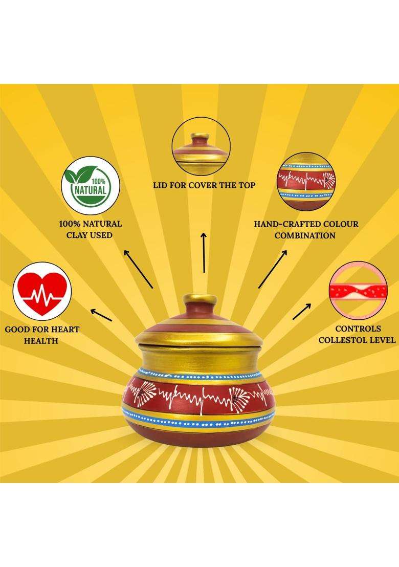Terra Charms Red Clay Daal Handi with Lid | 2.5 L | 2.6 Qt | Handcrafted - Indya