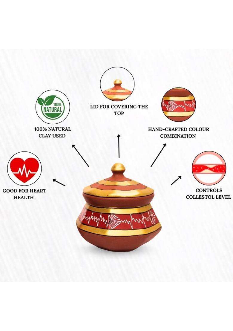 Terra Charms Red Clay Pehel Handi Cooking Pot with Spoon | 1.5 L | 1.6 Qt | 3-Piece Set | Handcrafted - Indya