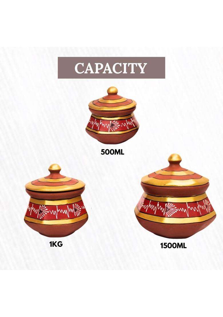 Terra Charms Red Clay Pehel Handi Cooking Pot with Spoon | 1.5 L | 1.6 Qt | 3-Piece Set | Handcrafted - Indya