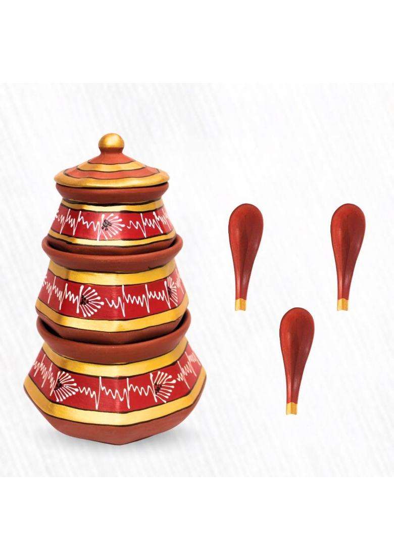 Terra Charms Red Clay Pehel Handi Cooking Pot with Spoon | 1.5 L | 1.6 Qt | 3-Piece Set | Handcrafted - Indya