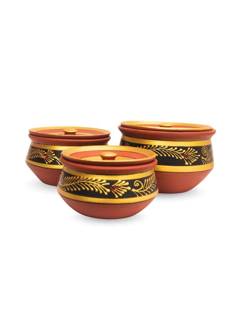 Terra Charms Round Black Mitti Handi Cooking Pot with Clay Lids | 3-Piece Set | Non-Toxic | Handcrafted - Indya