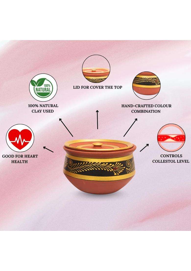 Terra Charms Round Black Mitti Handi Cooking Pot with Clay Lids | 3-Piece Set | Non-Toxic | Handcrafted - Indya