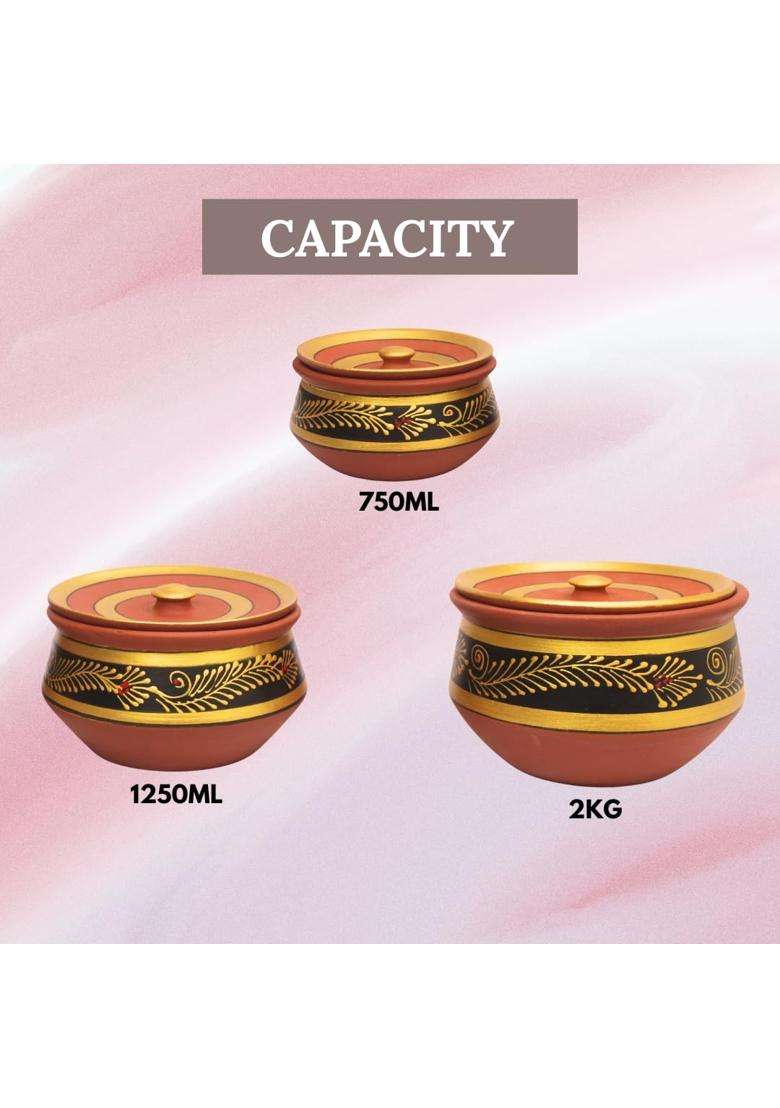 Terra Charms Round Black Mitti Handi Cooking Pot with Clay Lids | 3-Piece Set | Non-Toxic | Handcrafted - Indya