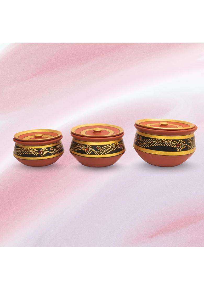 Terra Charms Round Black Mitti Handi Cooking Pot with Clay Lids | 3-Piece Set | Non-Toxic | Handcrafted - Indya