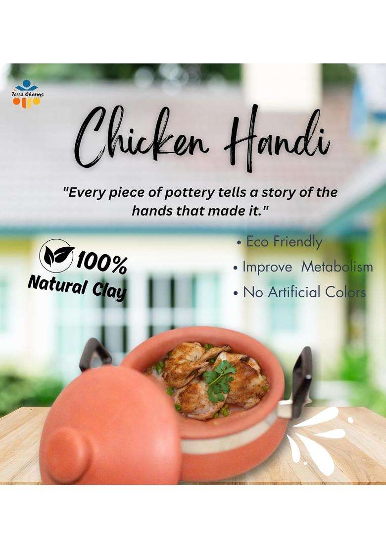 Terra Charms Terracotta Organic Clay Handi Cooking Pot for Chicken Cooking and Serving Handi | 2.5 L | 2.6 Qt - Indya