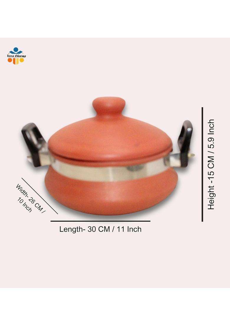 Terra Charms Terracotta Organic Clay Handi Cooking Pot for Chicken Cooking and Serving Handi | 2.5 L | 2.6 Qt - Indya