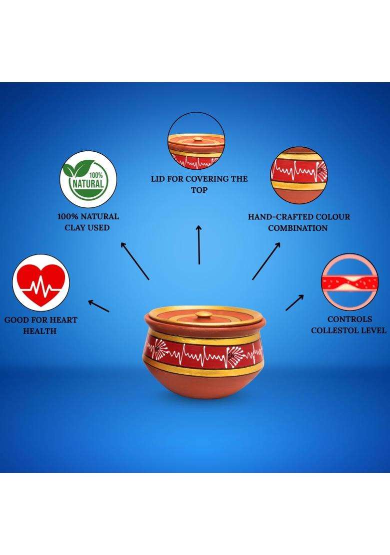 Terra Charms Round Red Clay Handi Cooking Pot with Lids | 3-Piece Set | Handcrafted | With Lid - Indya