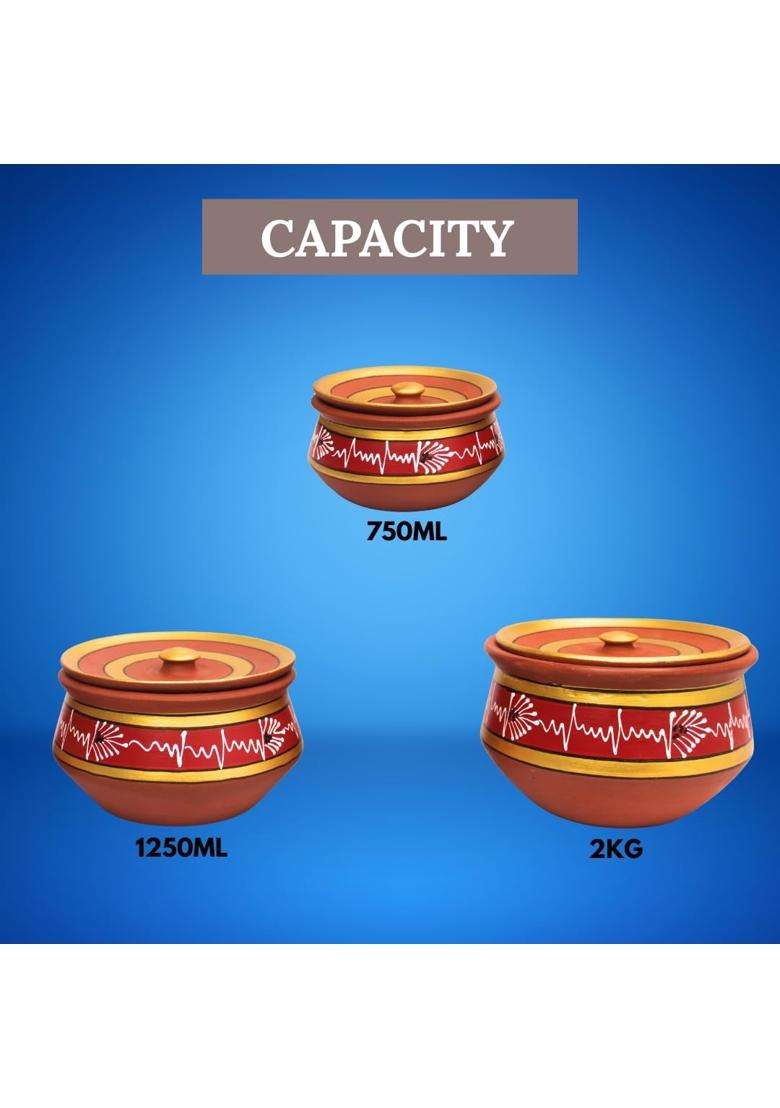 Terra Charms Round Red Clay Handi Cooking Pot with Lids | 3-Piece Set | Handcrafted | With Lid - Indya