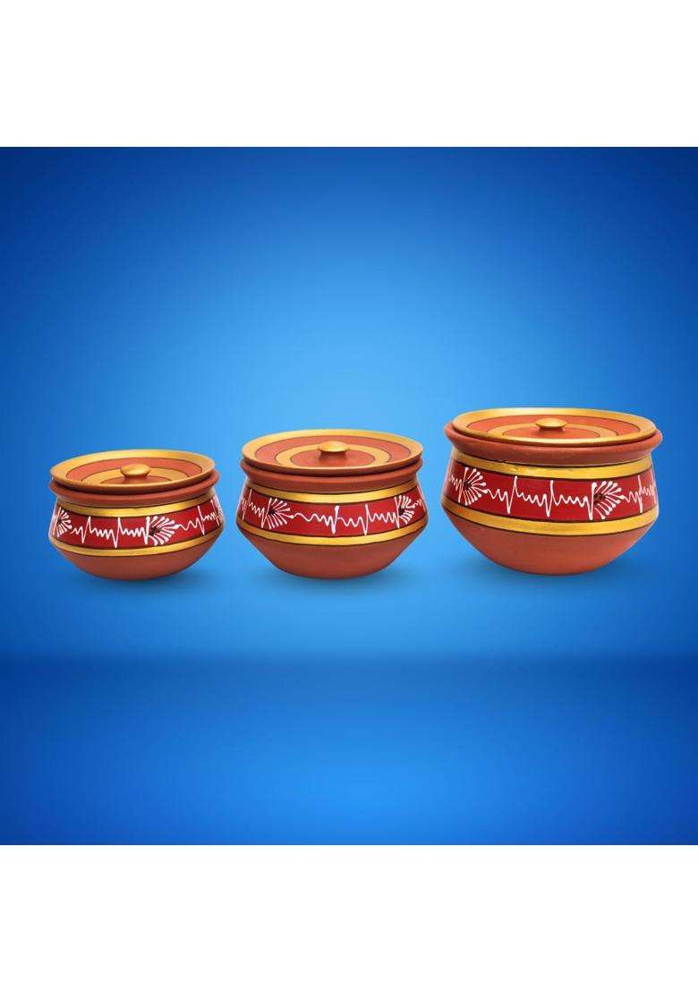 Terra Charms Round Red Clay Handi Cooking Pot with Lids | 3-Piece Set | Handcrafted | With Lid - Indya