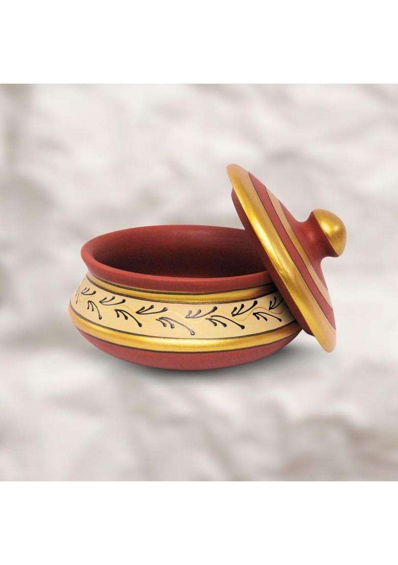 Terra Charms Brown Painted Clay Daal Handi Cooking Pot | 1.5 L | 1.6 Qt | Handcrafted - Indya