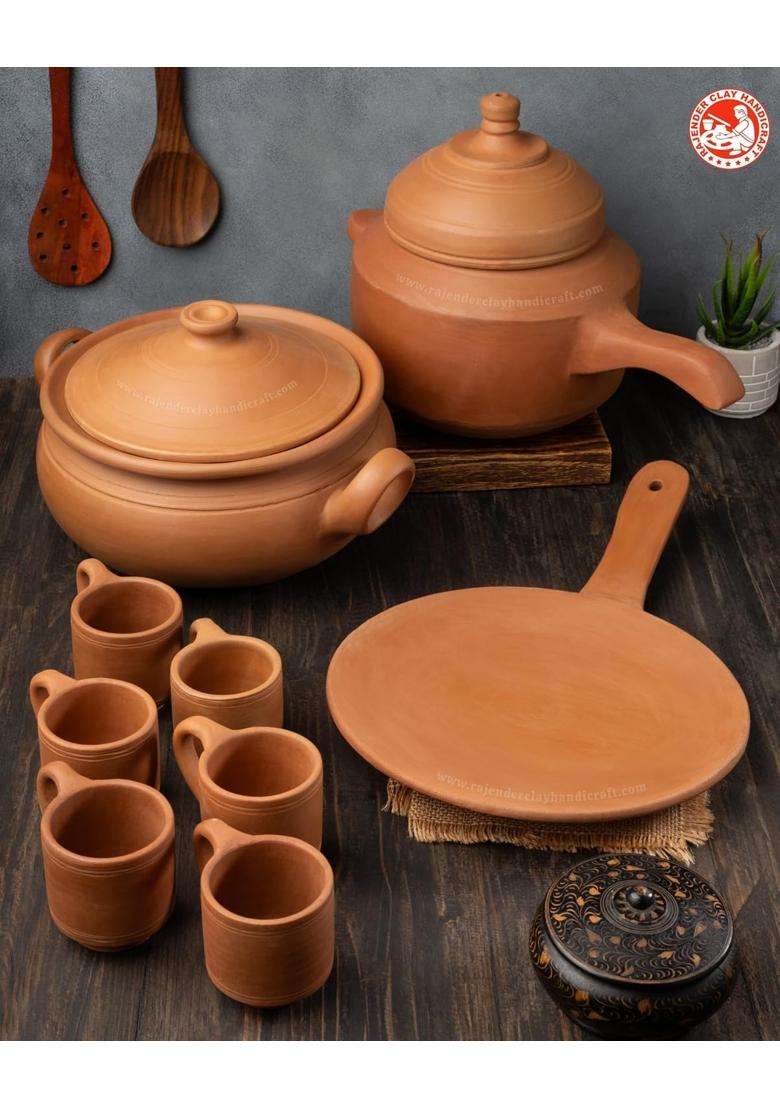 RAJENDER CLAY HANDICRAFT Handmade Mitti Cookware Combo Set | 4 L | 4.2 Qt - Indya