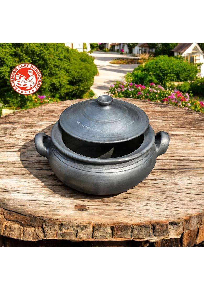 RAJENDER CLAY HANDICRAFT Mitti Black Kadhai Wok Handcrafted Earthen Cookware | 3 L | 3.2 Qt - Indya