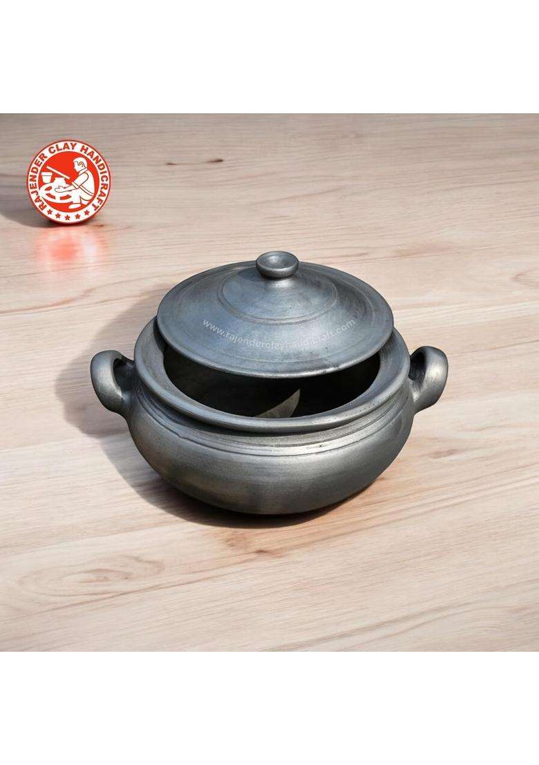 RAJENDER CLAY HANDICRAFT Mitti Black Kadhai Wok Handcrafted Earthen Cookware | 3 L | 3.2 Qt - Indya