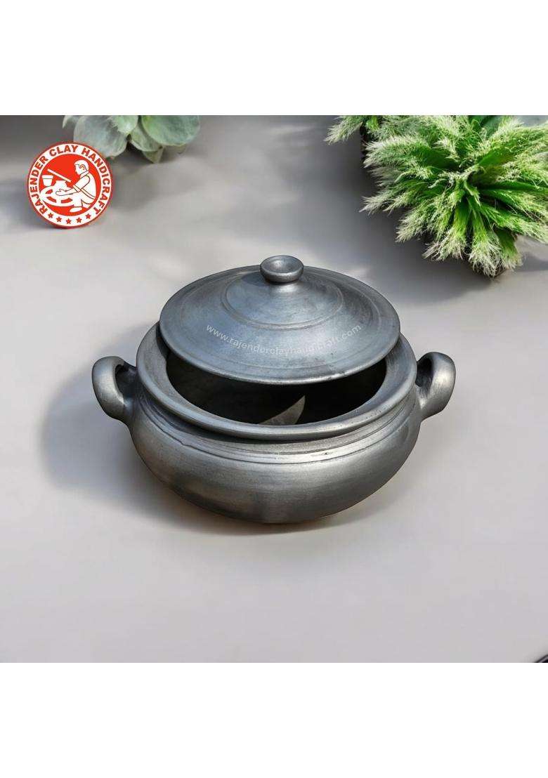 RAJENDER CLAY HANDICRAFT Mitti Black Kadhai Wok Handcrafted Earthen Cookware | 3 L | 3.2 Qt - Indya
