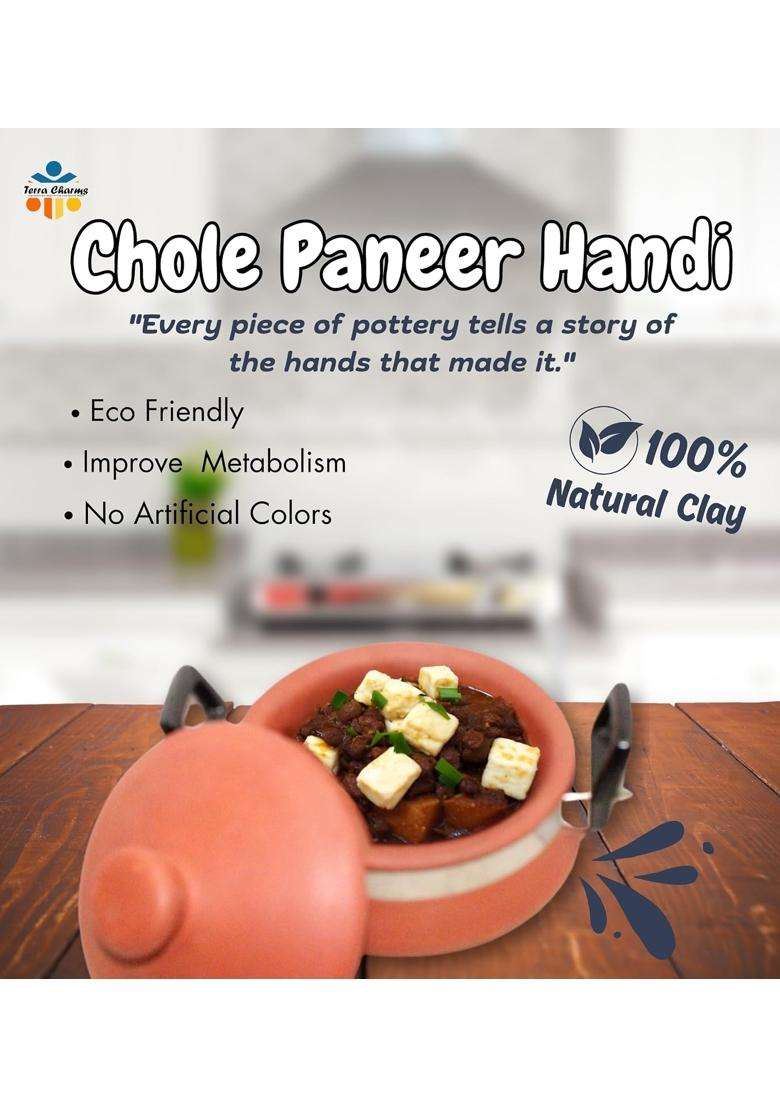 Terra Charms Terracotta Organic Clay Handi Cooking Pot for Chole Paneer Cooking and Serving | 2.5 L | 2.6 Qt - Indya