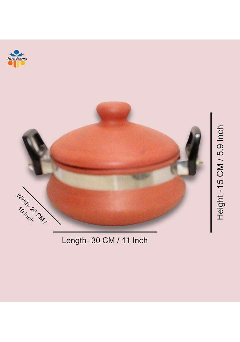 Terra Charms Terracotta Organic Clay Handi Cooking Pot for Chole Paneer Cooking and Serving | 2.5 L | 2.6 Qt - Indya