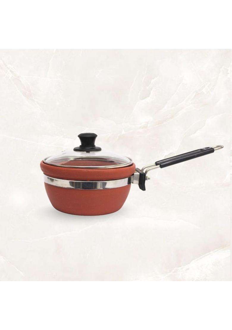 Terra Charms Village Clay Fry Pan with Glass Lid | 1.5 L | 1.6 Qt | Handcrafted - Indya