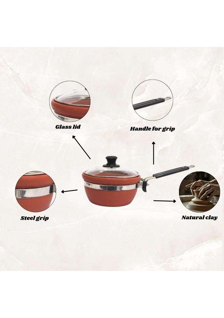 Terra Charms Village Clay Fry Pan with Glass Lid | 1.5 L | 1.6 Qt | Handcrafted - Indya