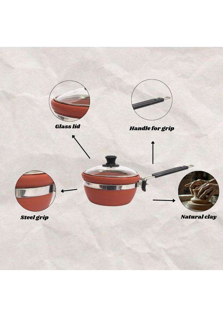 Terra Charms Heritage Clay Fry Pan with Glass Lid | 1.5 L | 1.6 Qt | Handcrafted - Indya