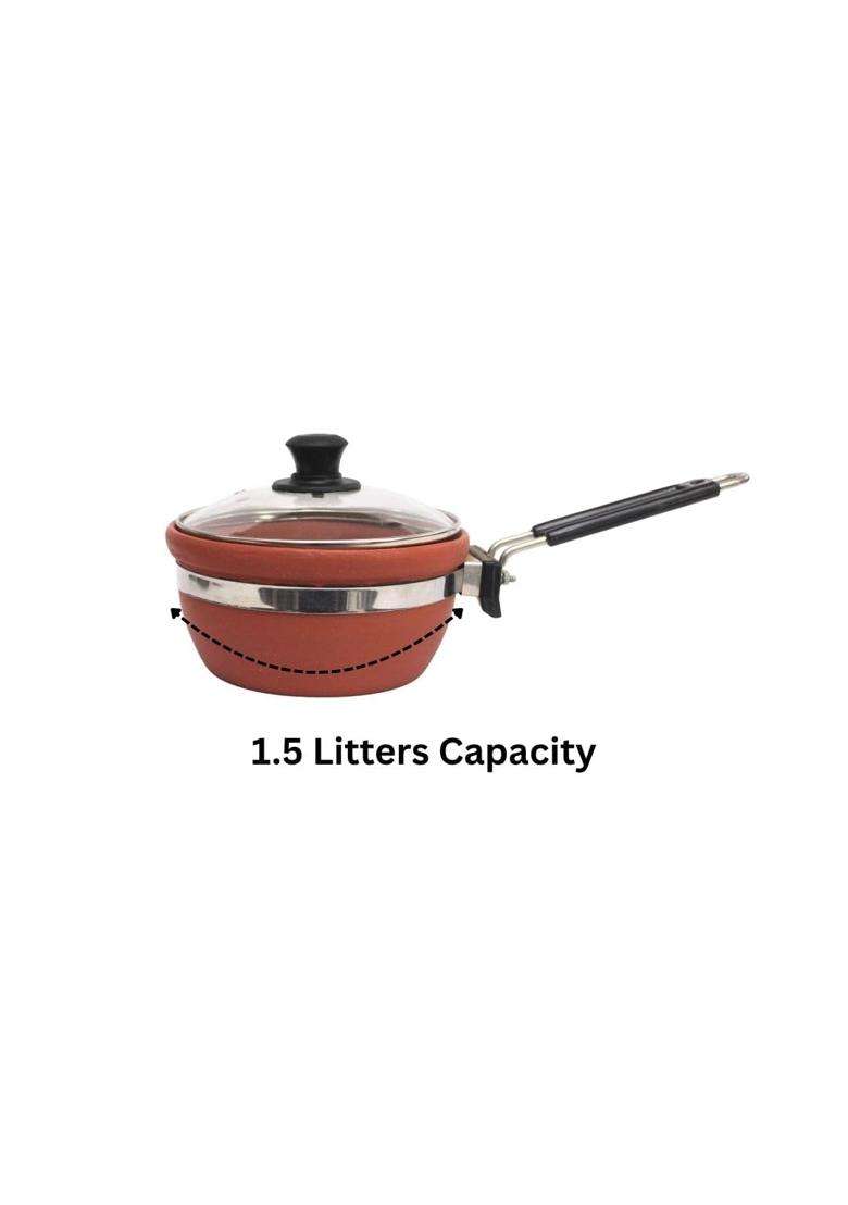 Terra Charms Natural Clay Fry Pan with Glass Lid | 1.5 L | 1.6 Qt | Handcrafted - Indya