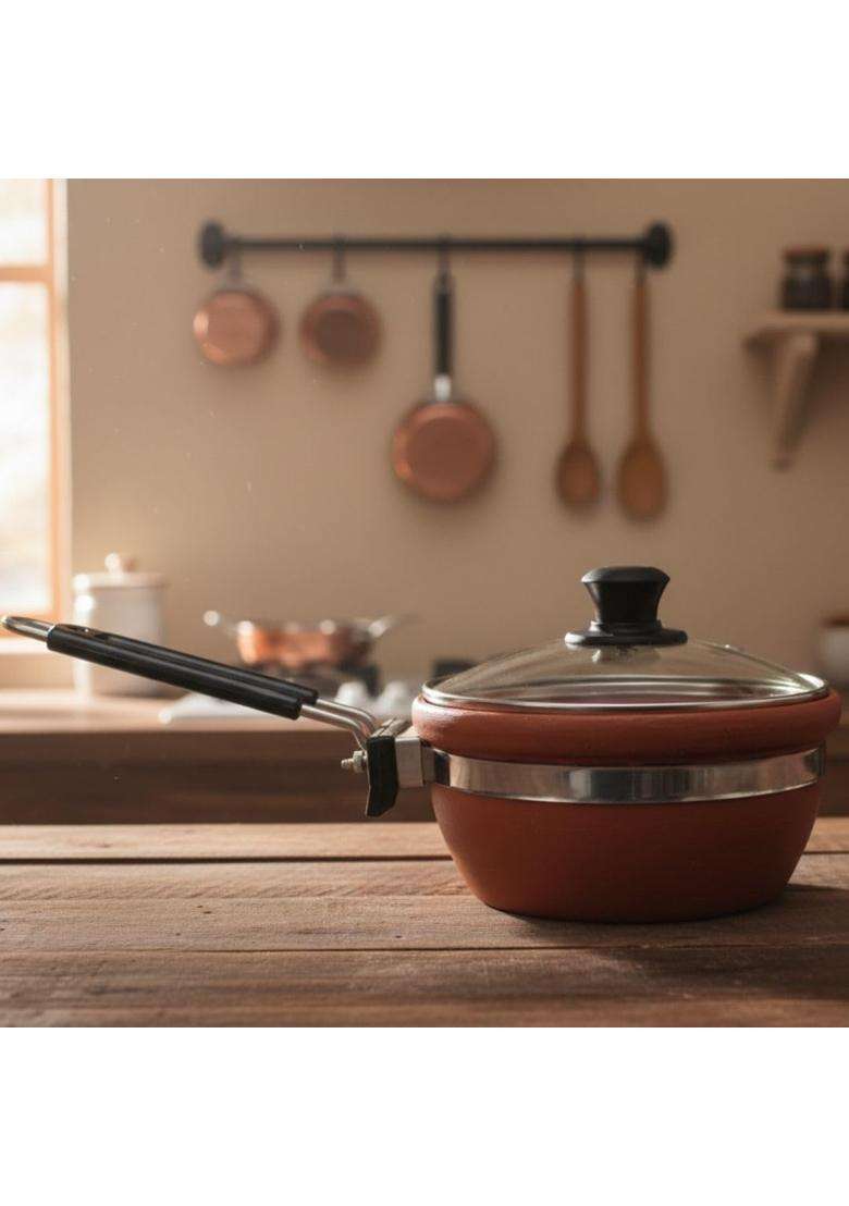 Terra Charms Natural Clay Fry Pan with Glass Lid | 1.5 L | 1.6 Qt | Handcrafted - Indya