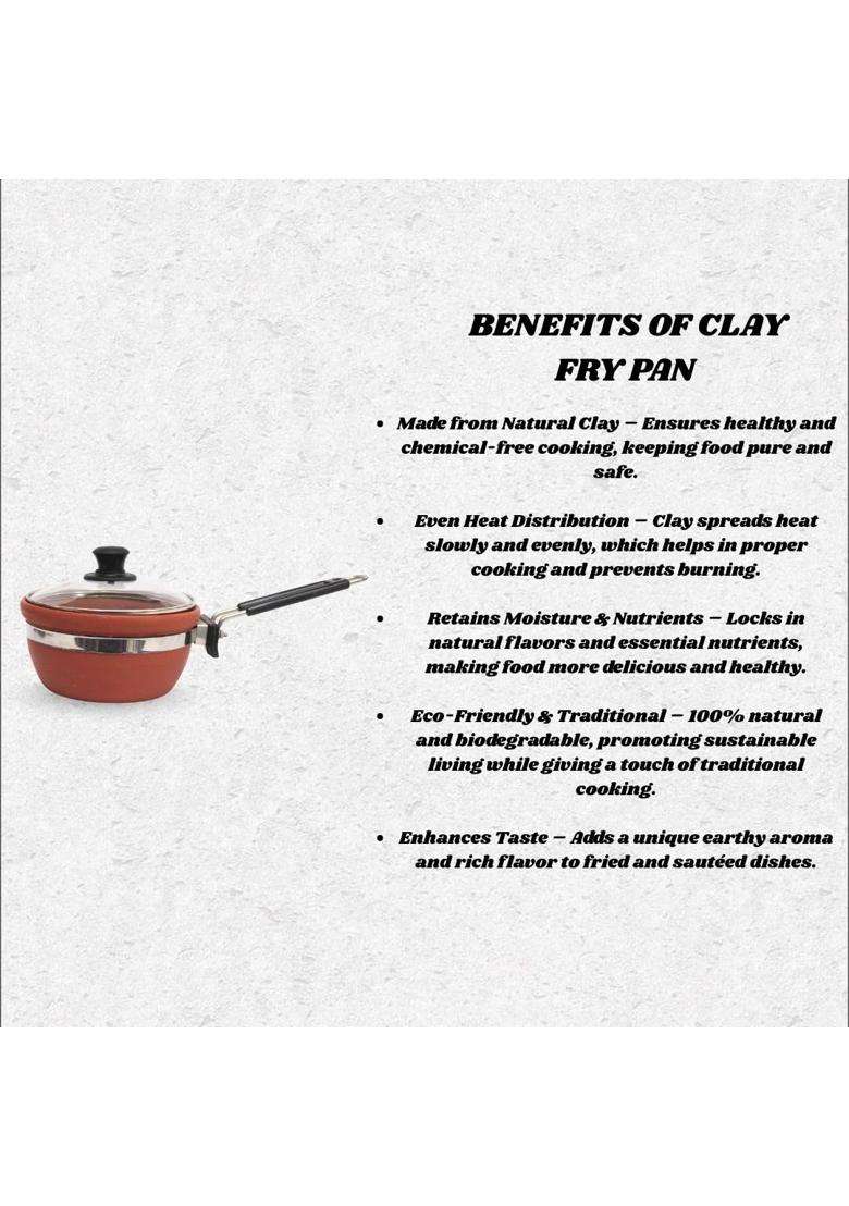 Terra Charms Natural Clay Fry Pan with Glass Lid | 1.5 L | 1.6 Qt | Handcrafted - Indya