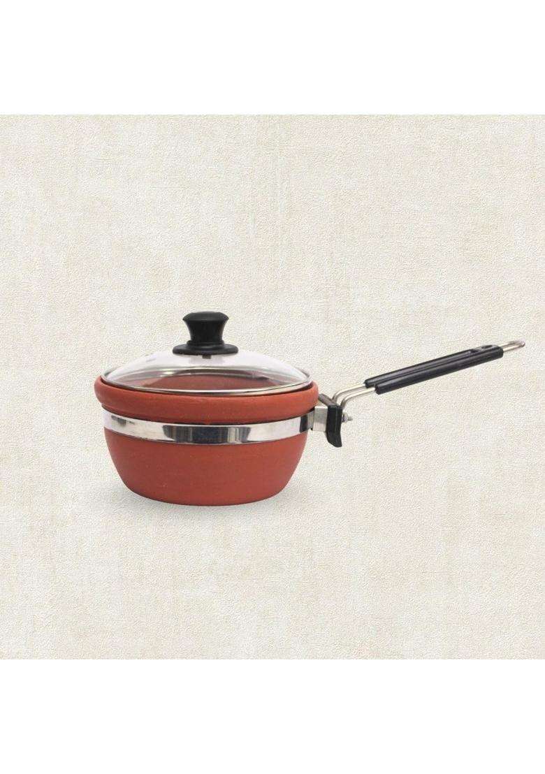 Terra Charms Classic Clay Fry Pan with Glass Lid | 1.5 L | 1.6 Qt | Handcrafted - Indya