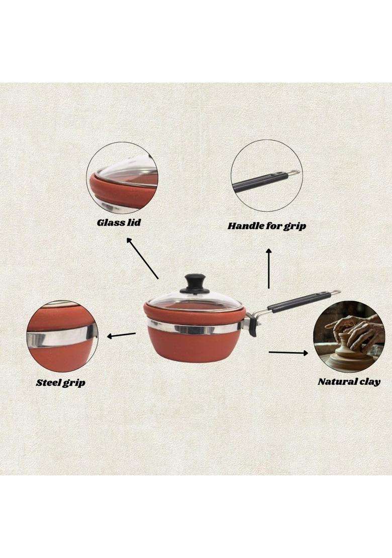 Terra Charms Classic Clay Fry Pan with Glass Lid | 1.5 L | 1.6 Qt | Handcrafted - Indya